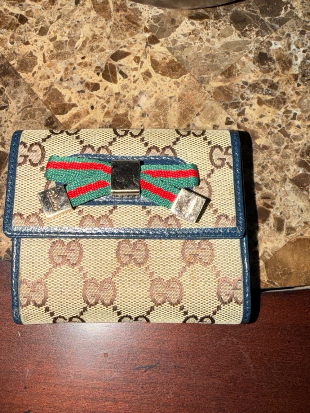 Gucci Beige GG Canvas Wallet with Blue Trim and Green-Red Bow